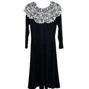 1980s Jane Singer Black Wool Blend White Lace Collar Talbots 4 Petite Midi Dress